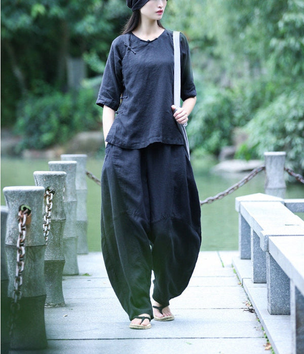 Sunny Navy Linen Oversized Pants
