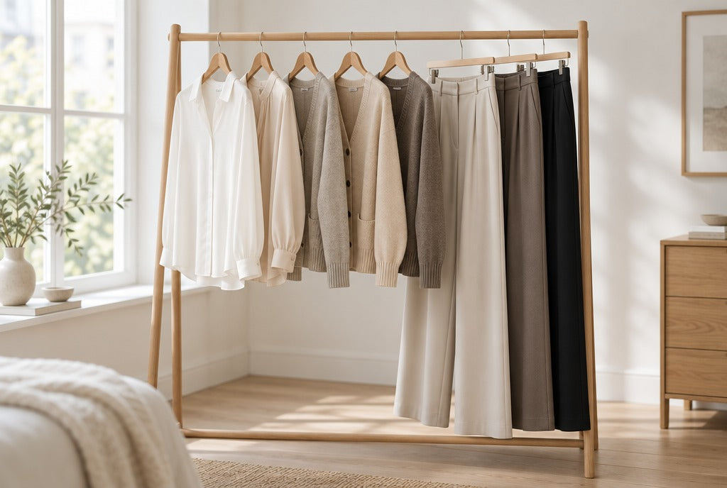 A neat clothing rail with a small capsule wardrobe of neutral blouses, cardigans and wide-leg trousers on wooden hangers in a bright room