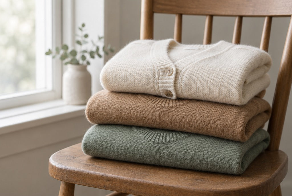 Folded knit cardigans and pullover sweaters in cream, camel and sage stacked on a wooden chair beside a window with soft light