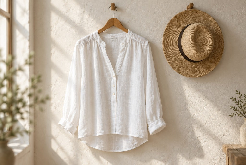 A white linen blouse on a wooden hanger against a sunlit plaster wall next to a straw hat on a hook