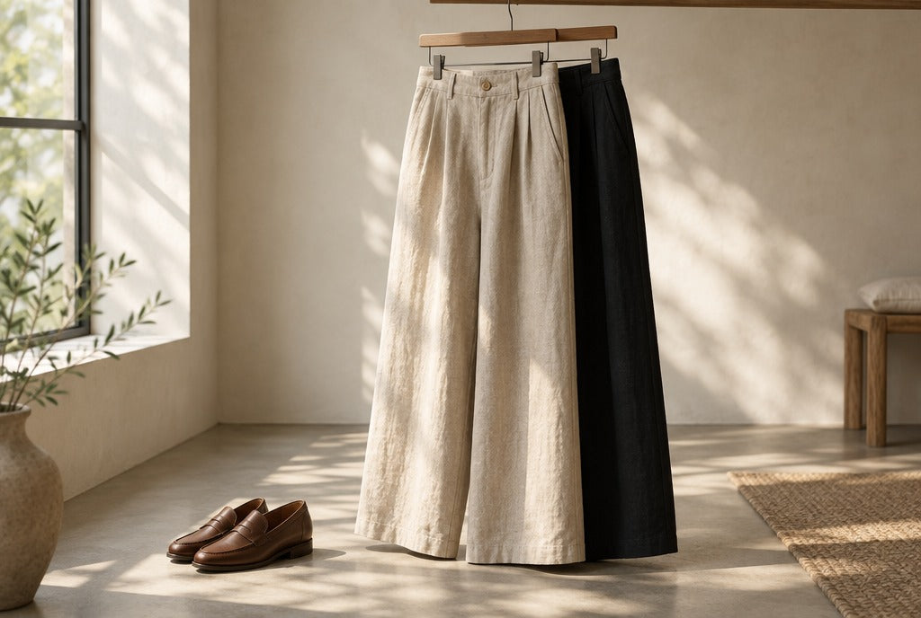 Wide-leg linen trousers in sand and black hanging on a wooden hanger beside a pair of leather loafers on a sunlit floor