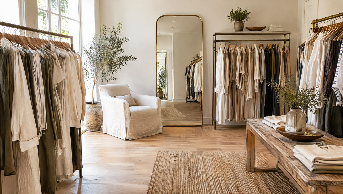 Airy women's clothing boutique with rails of neutral separates
