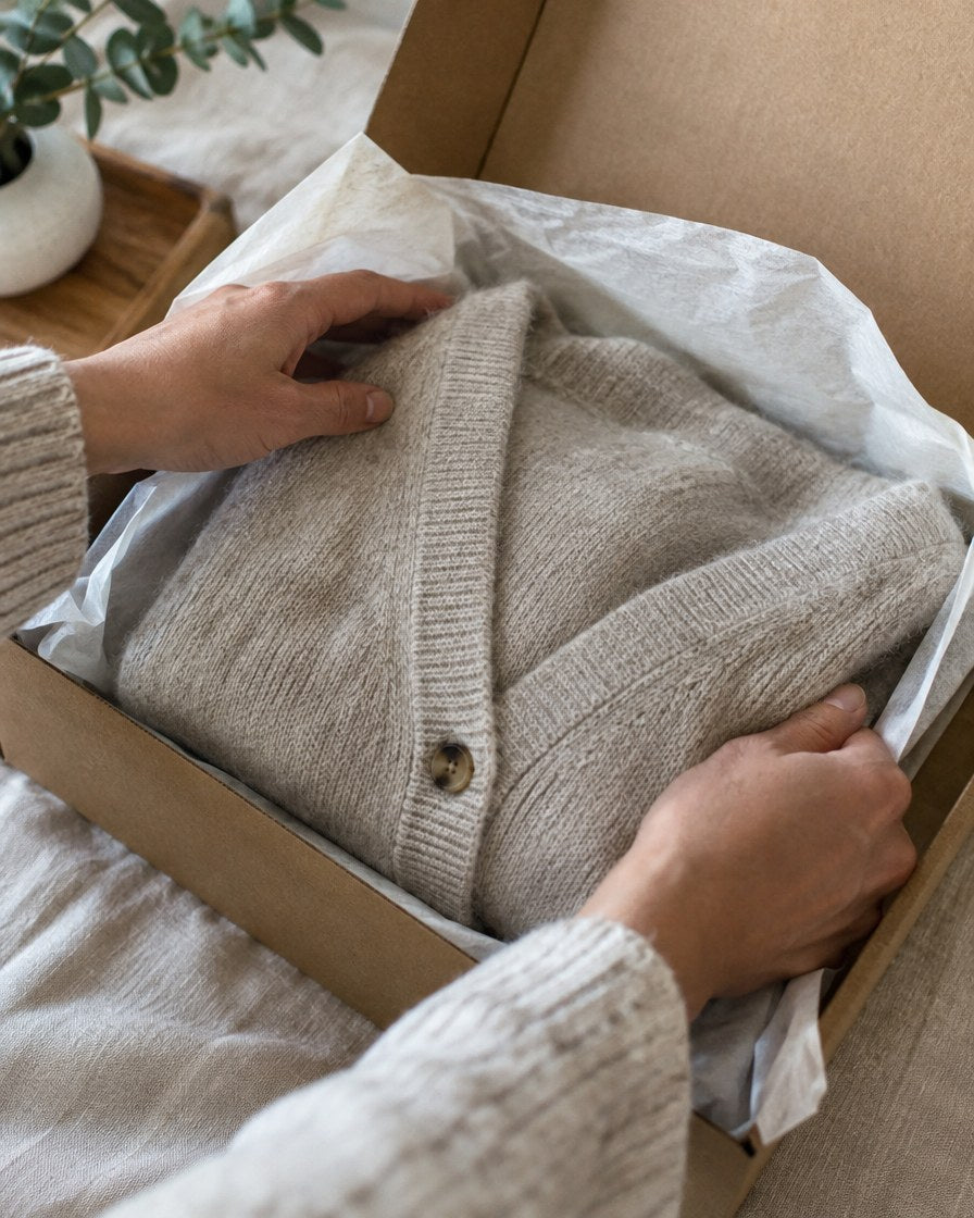 Knit cardigan folded into tissue paper