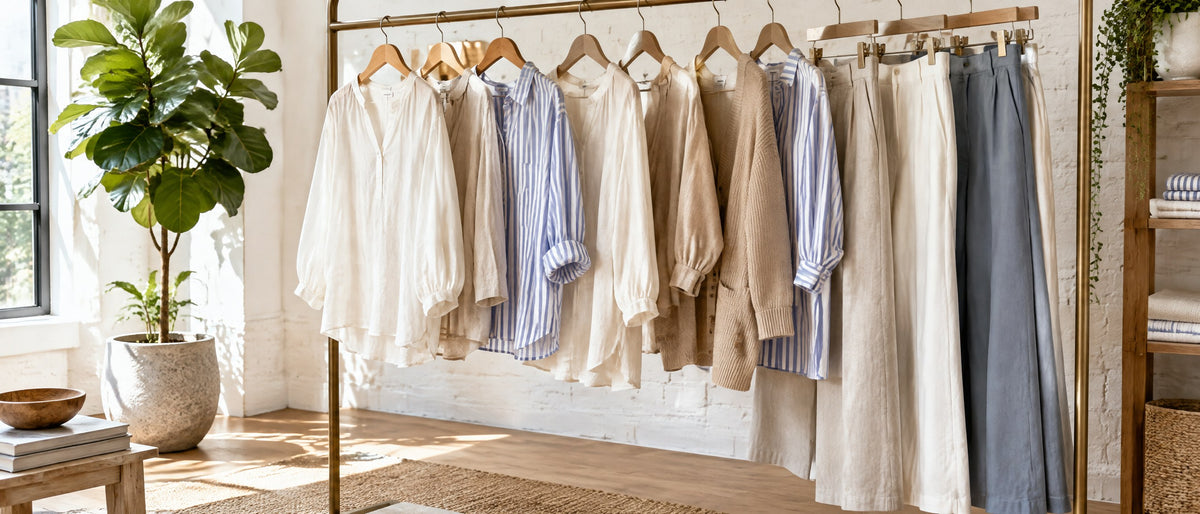 Rail of women's blouses, cardigans and wide-leg pants at Arthur's Ladies Sportswear
