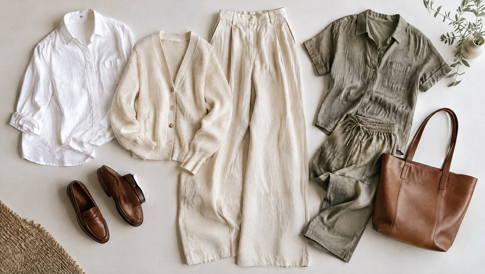 Flat lay of a mix-and-match capsule wardrobe