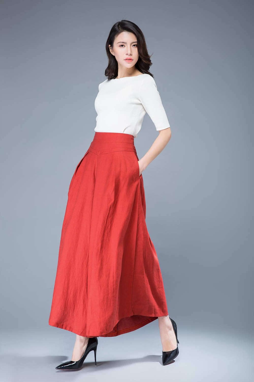 Zoe Red Linen Wide-Leg Pants — view 3