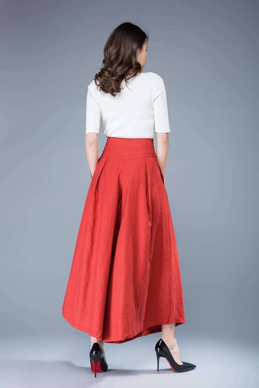 Zoe Red Linen Wide-Leg Pants — view 4
