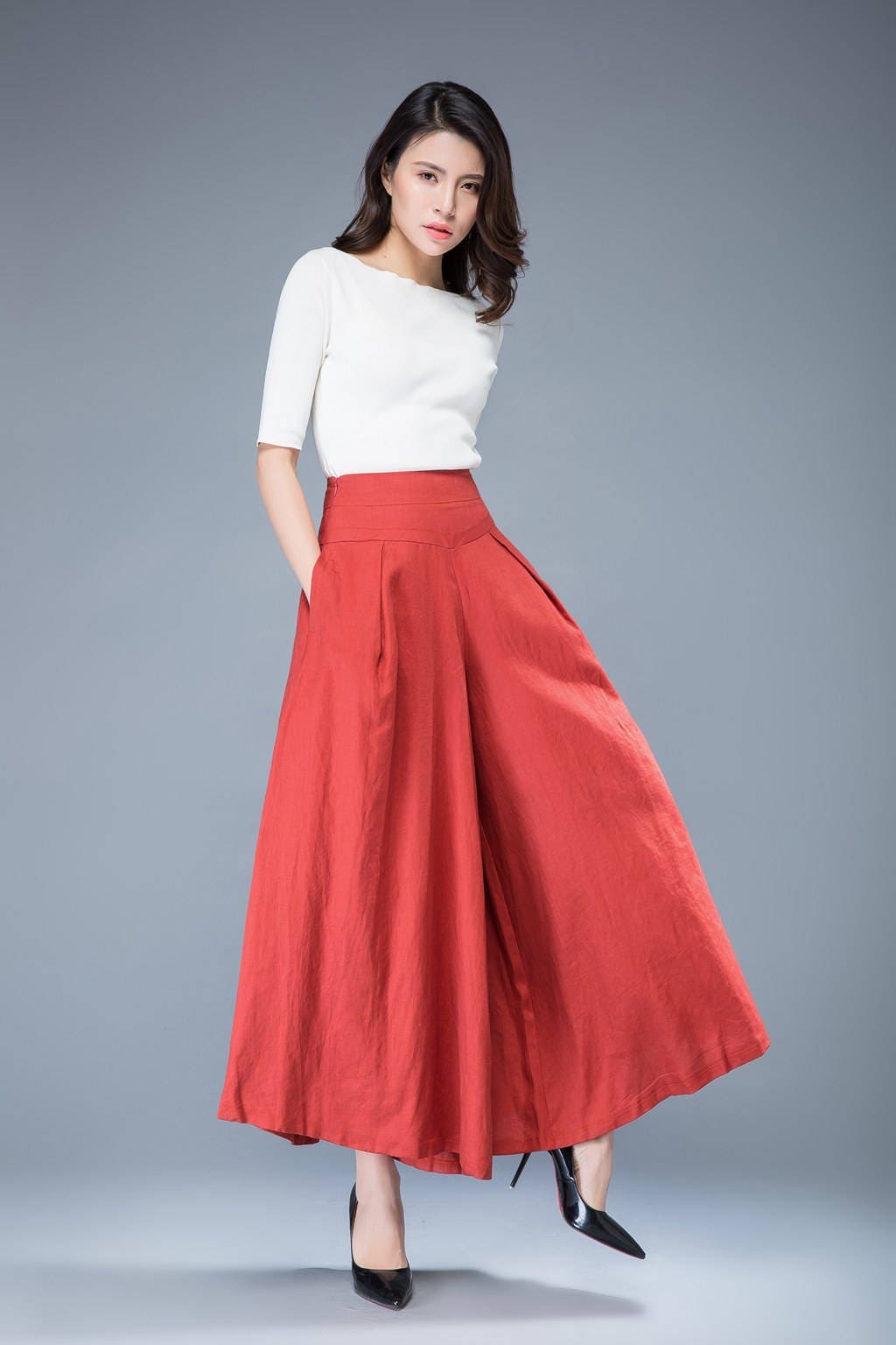 Zoe Red Linen Wide-Leg Pants — view 2