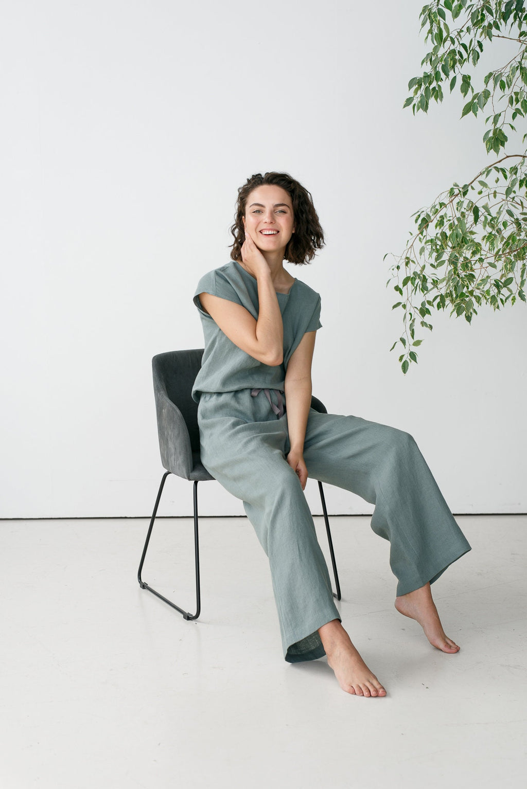 Flora Green Linen Wide-Leg Pants — view 2
