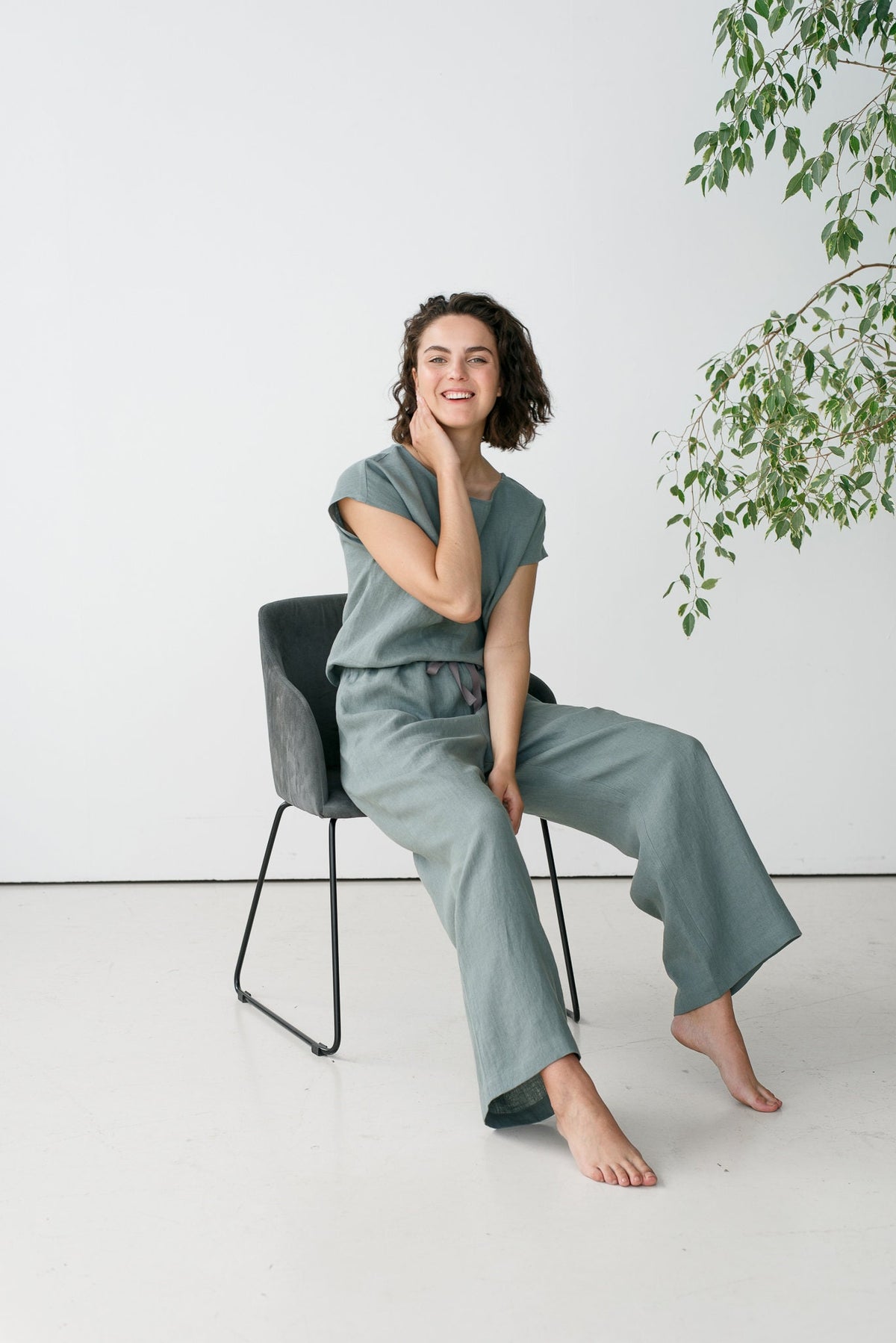 Flora Green Linen Wide-Leg Pants — view 2