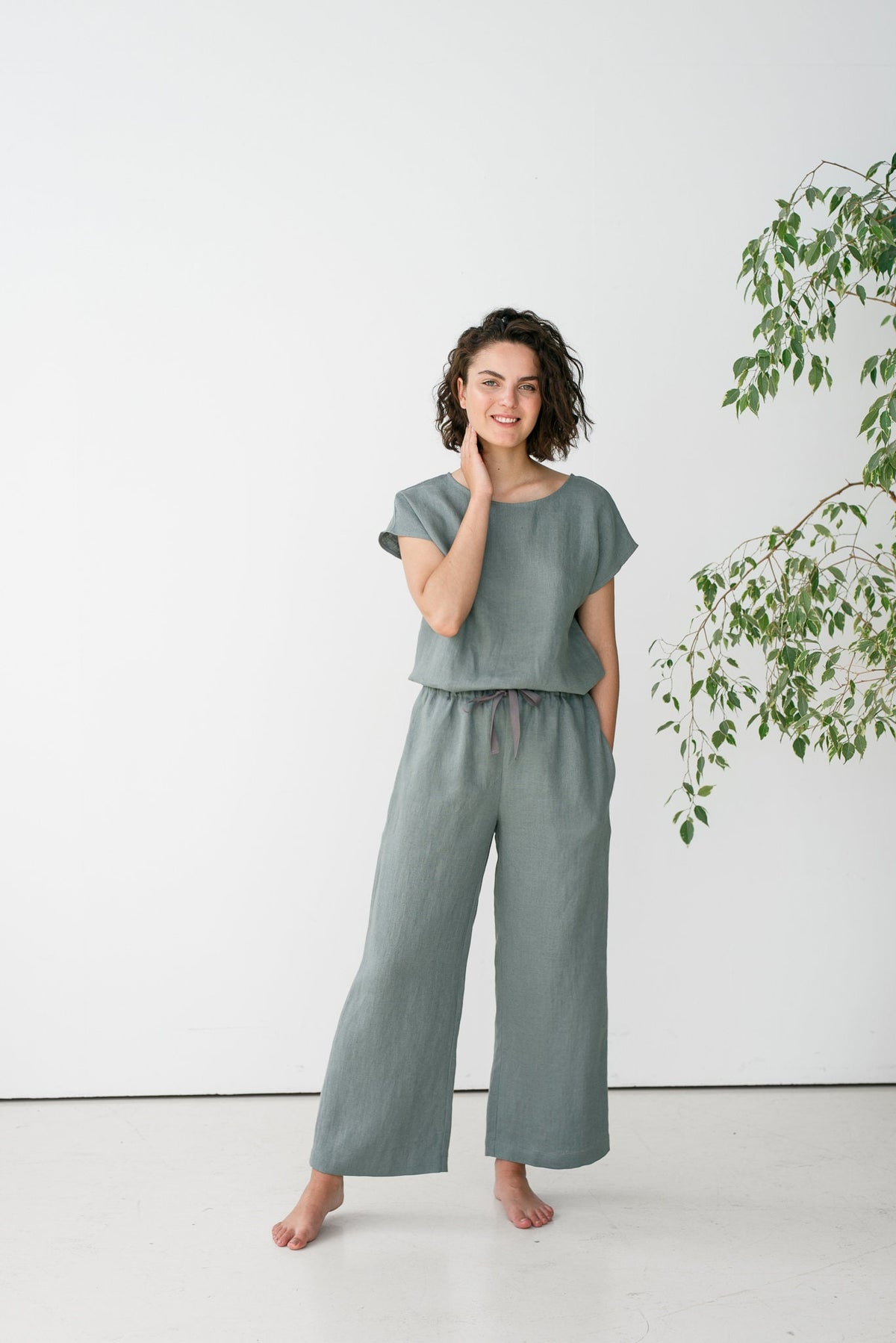 Flora Green Linen Wide-Leg Pants — view 3