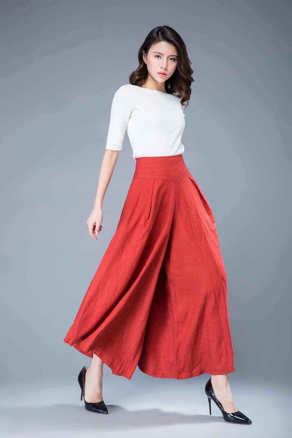 Zoe Red Linen Wide-Leg Pants — view 5