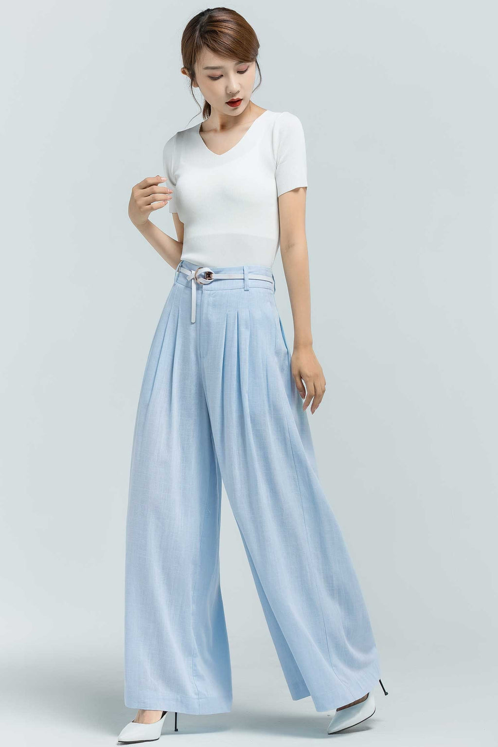 Dina Light Blue Linen Wide-Leg Pants — view 3