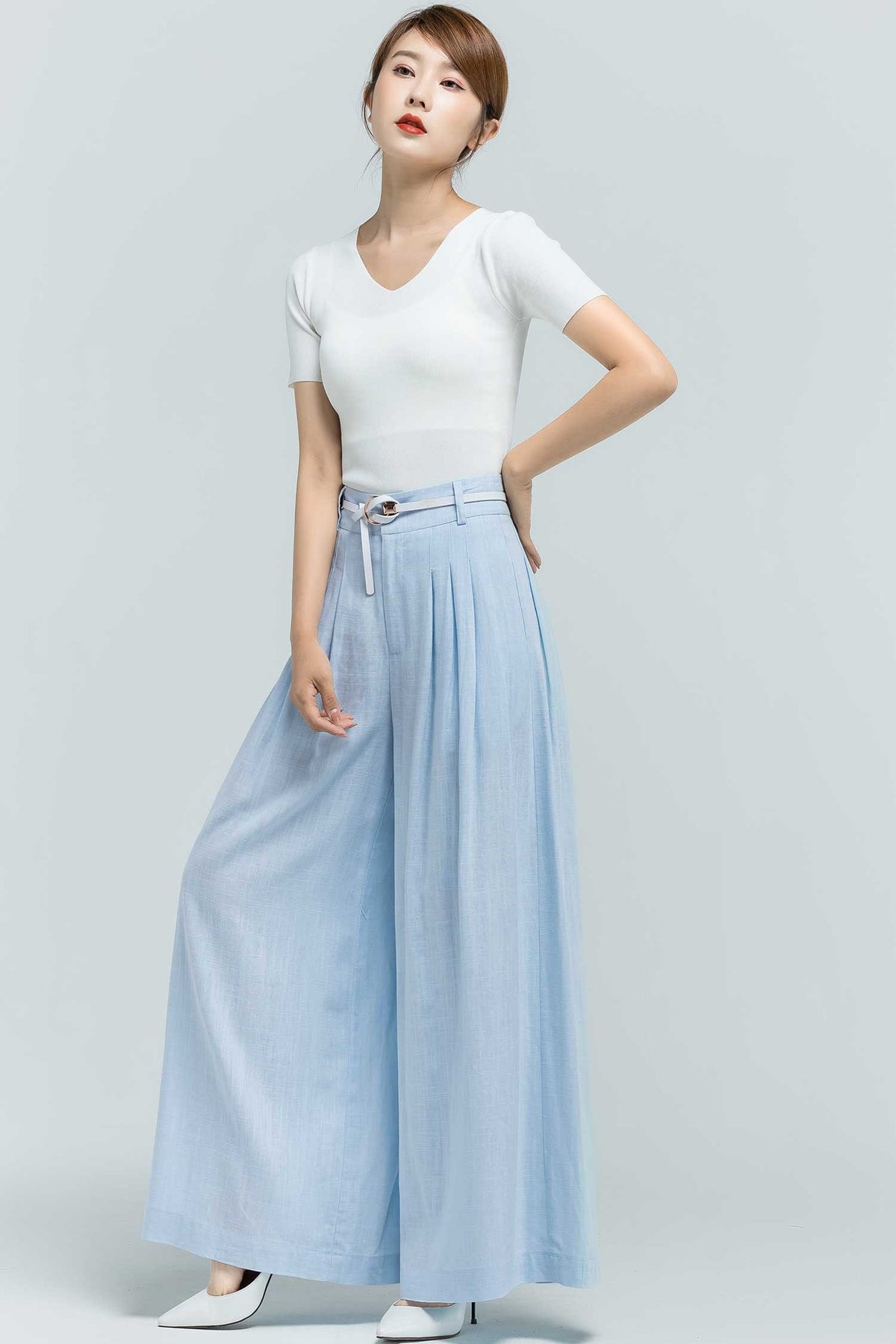Dina Light Blue Linen Wide-Leg Pants — view 5