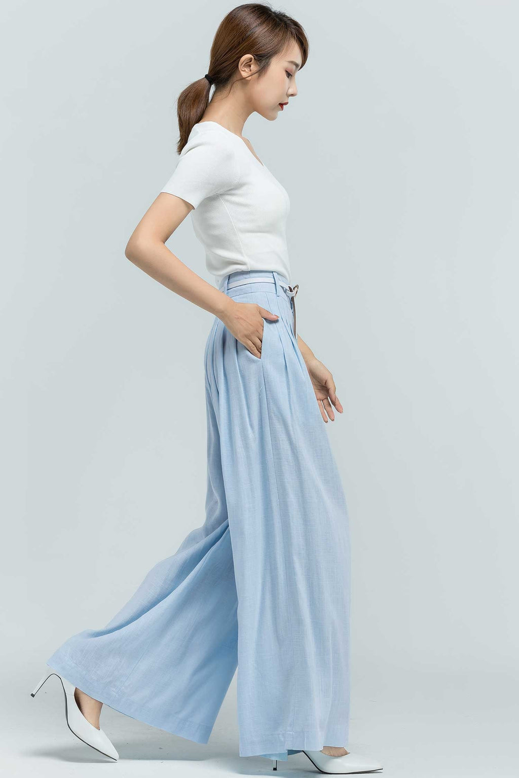 Dina Light Blue Linen Wide-Leg Pants — view 6