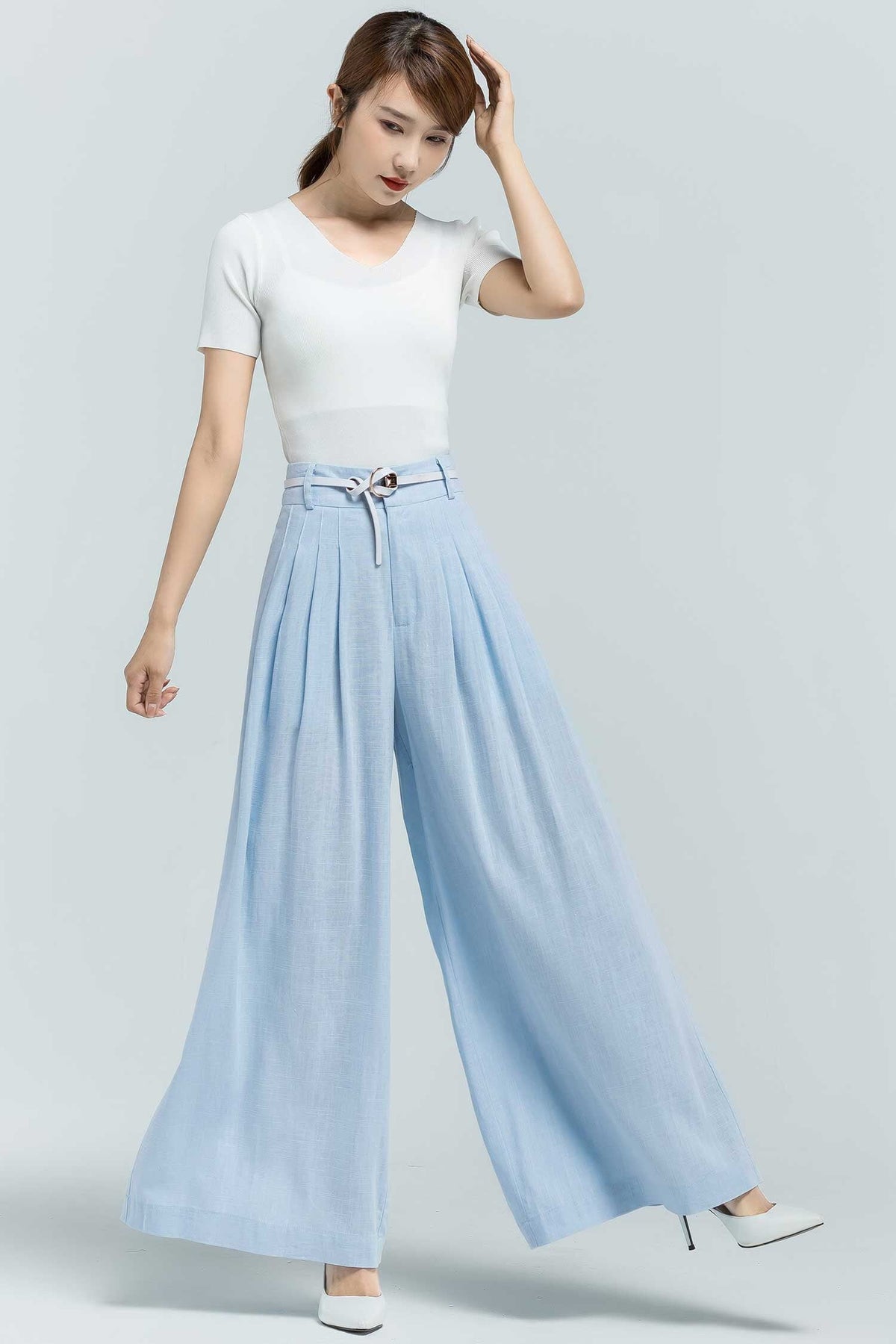 Dina Light Blue Linen Wide-Leg Pants — view 2