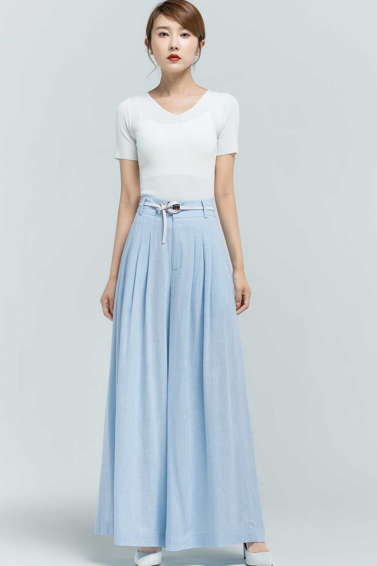 Dina Light Blue Linen Wide-Leg Pants — view 4