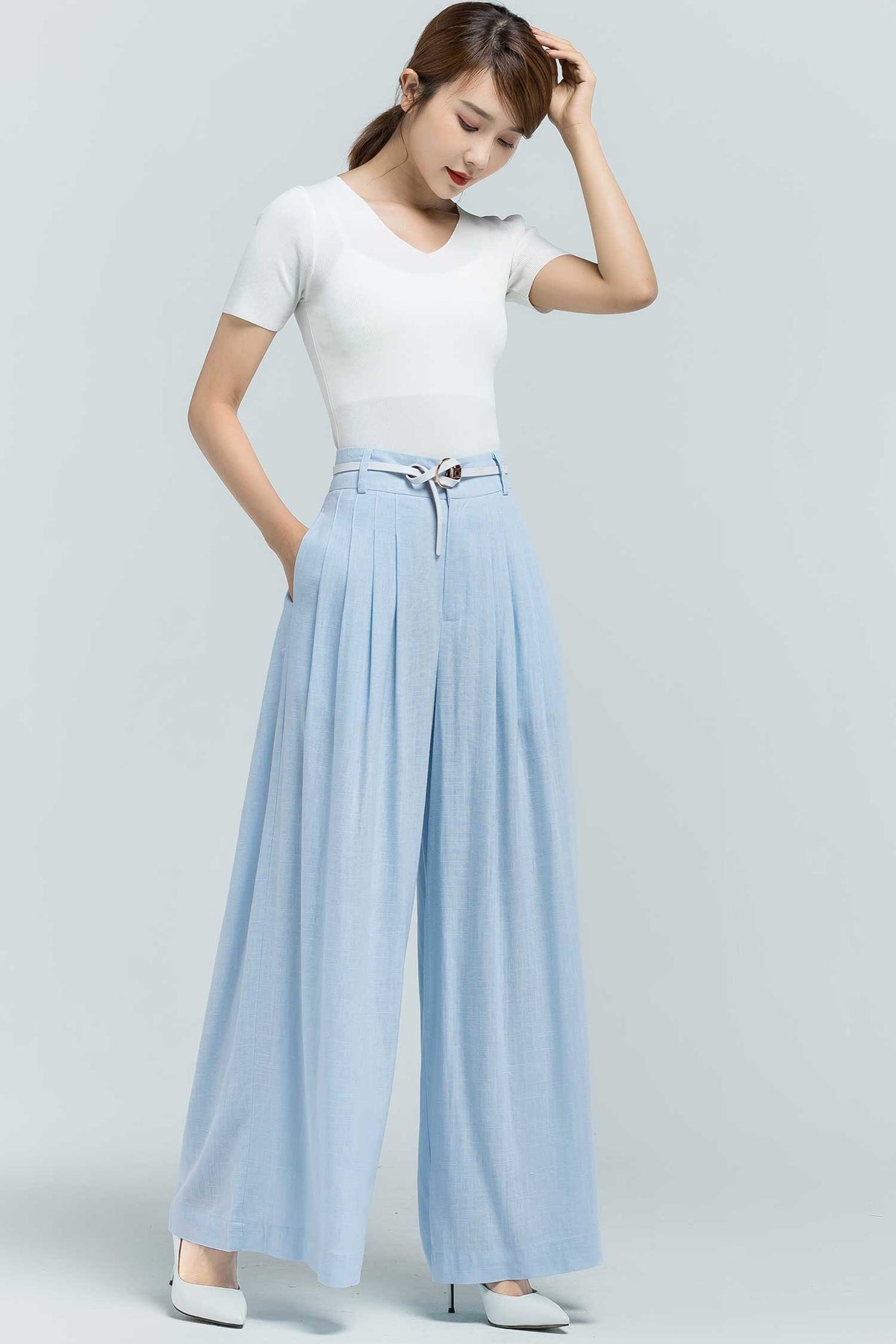Dina Light Blue Linen Wide-Leg Pants — Arthur's Sportswear