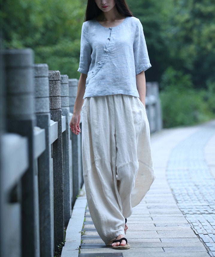 Sunny Navy Linen Oversized Pants — view 4