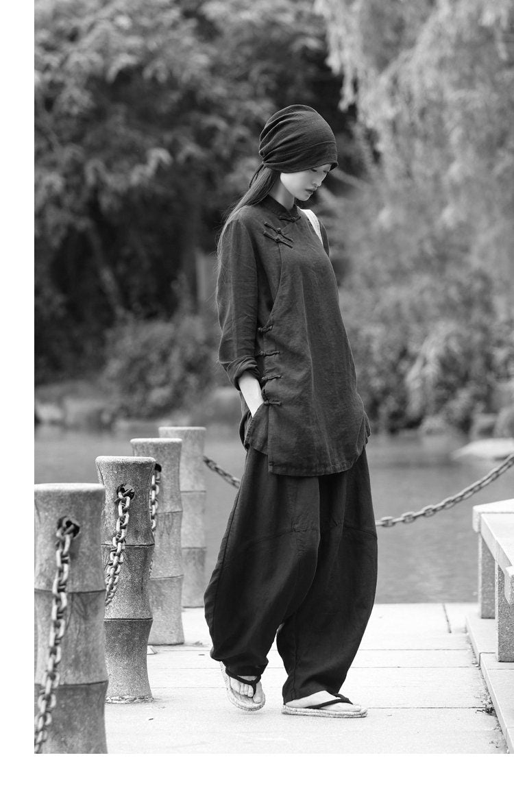 Sunny Navy Linen Oversized Pants — view 3