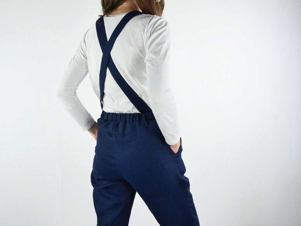 Bea Navy Linen Overalls — view 3