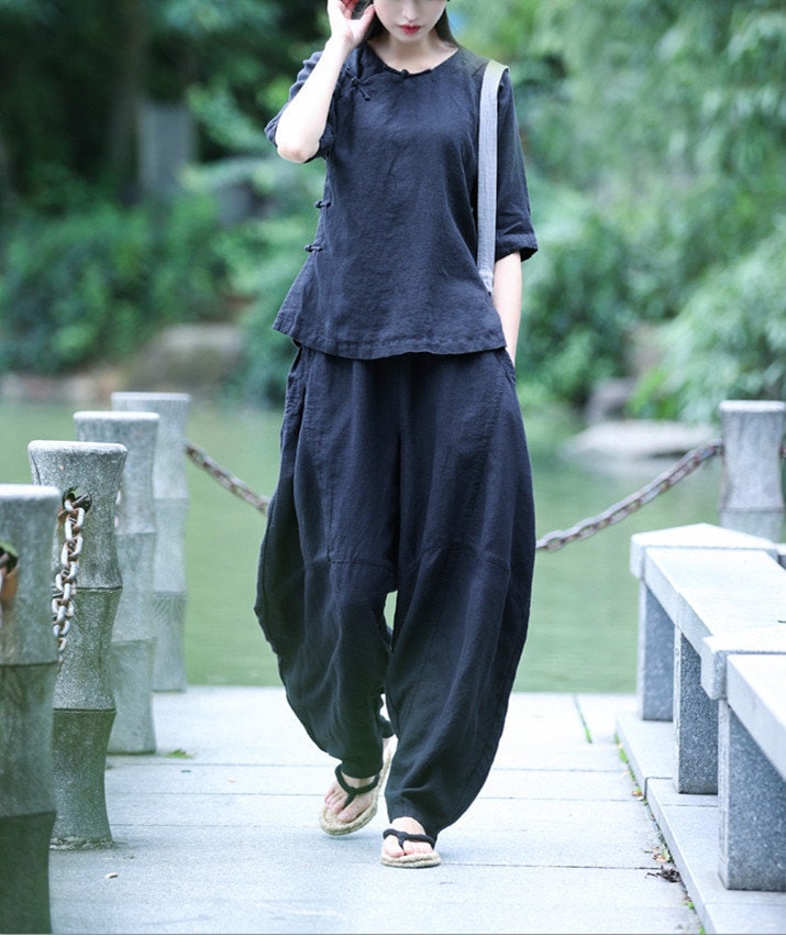 Sunny Navy Linen Oversized Pants — view 2