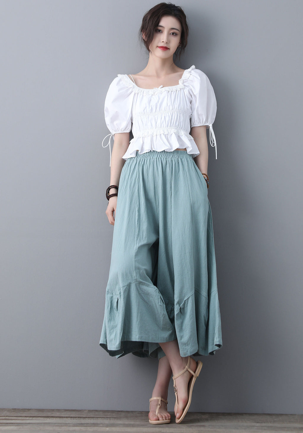 Noor Light Blue Linen Wide-Leg Pants — view 4