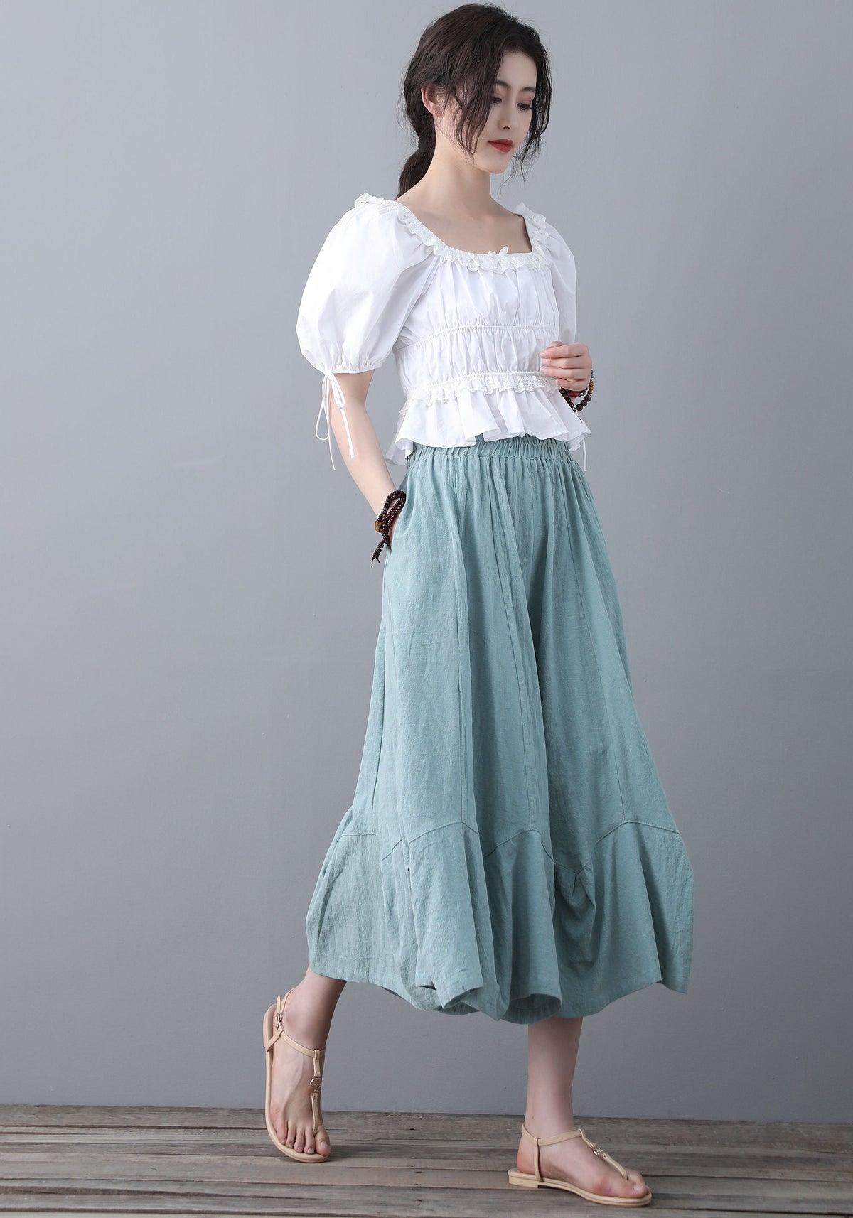 Noor Light Blue Linen Wide-Leg Pants — view 5