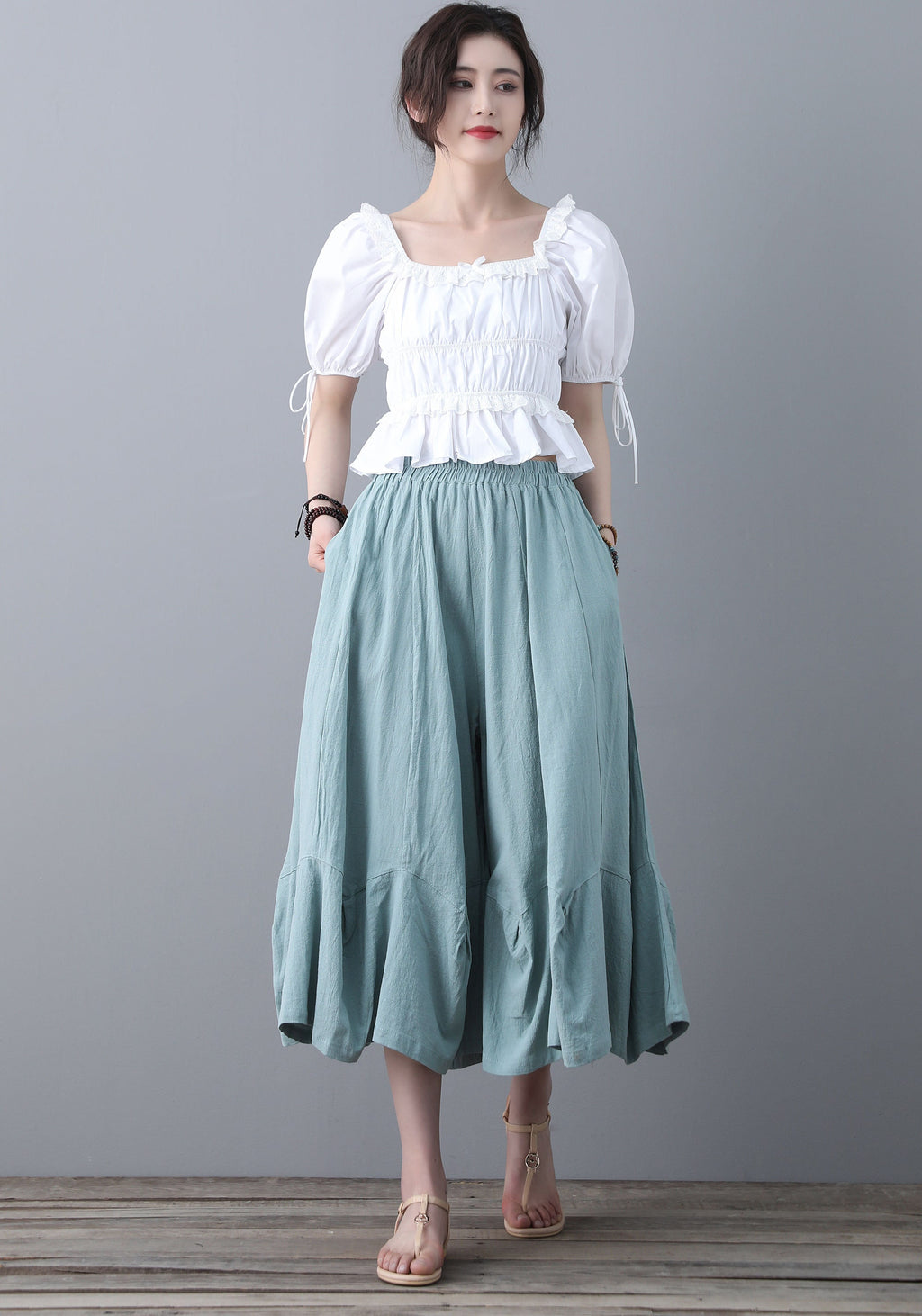 Noor Light Blue Linen Wide-Leg Pants — view 3