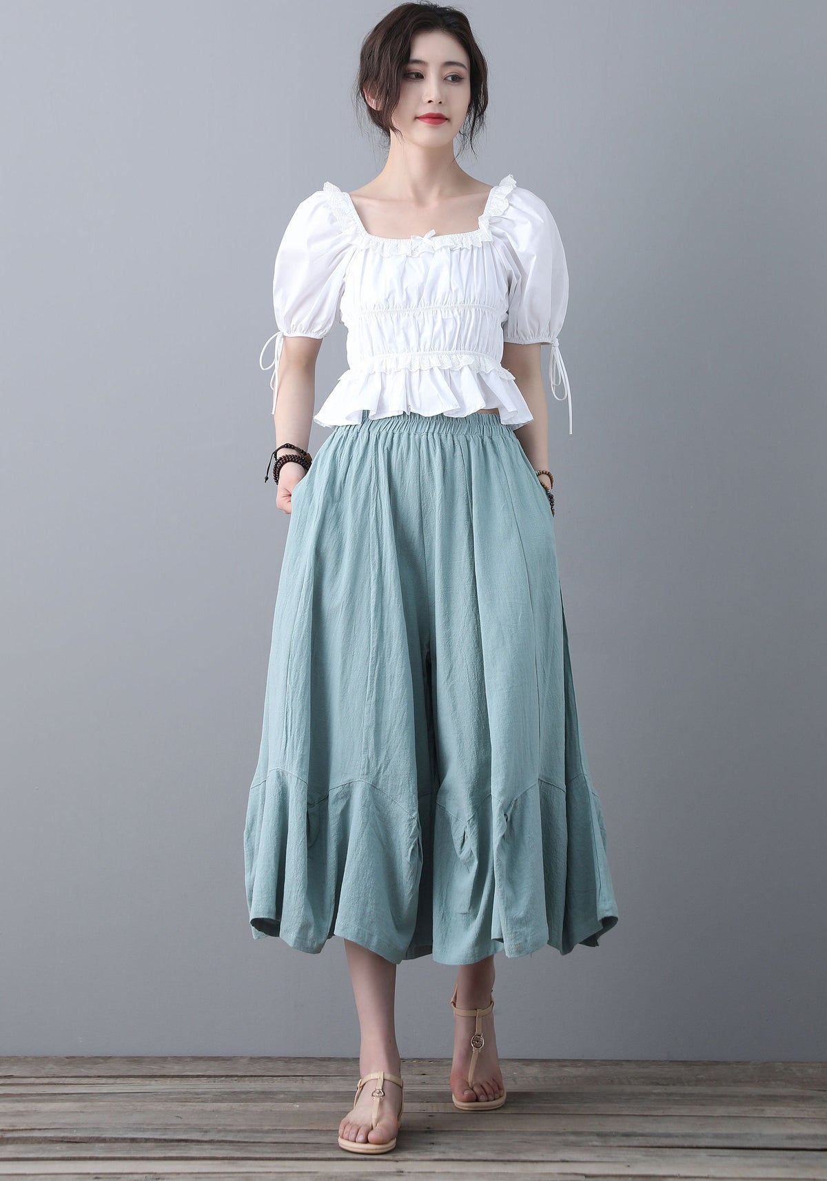 Noor Light Blue Linen Wide-Leg Pants — view 3