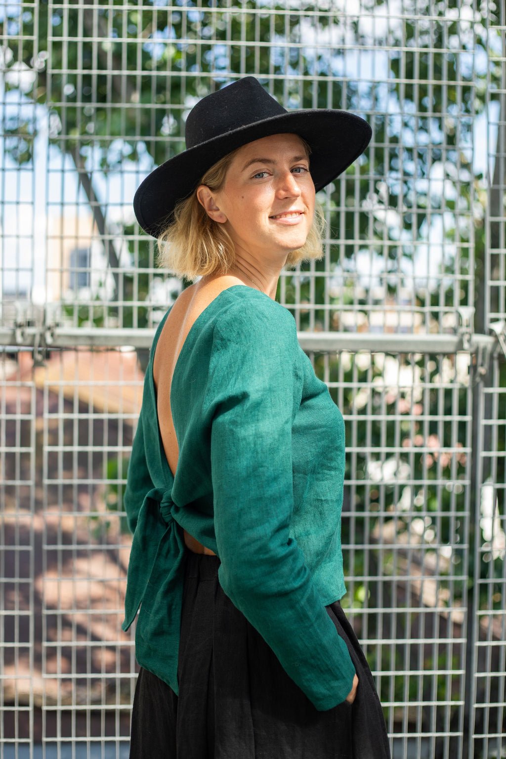 Tessa Green Linen Open-Back Top — view 5