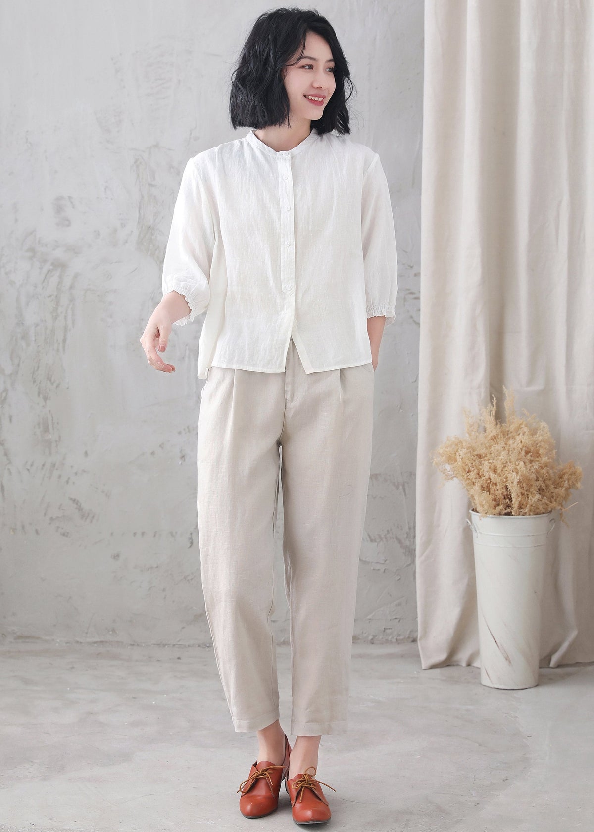 Fern White Linen Button-Down Shirt — view 3