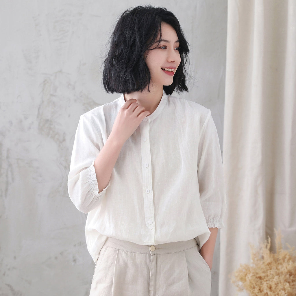 Fern White Linen Button-Down Shirt — view 6