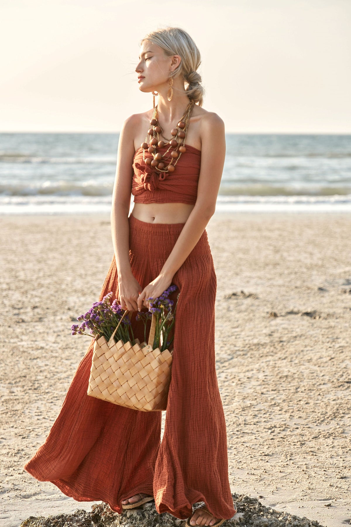 June Rust Cotton Smocked Pants — view 2