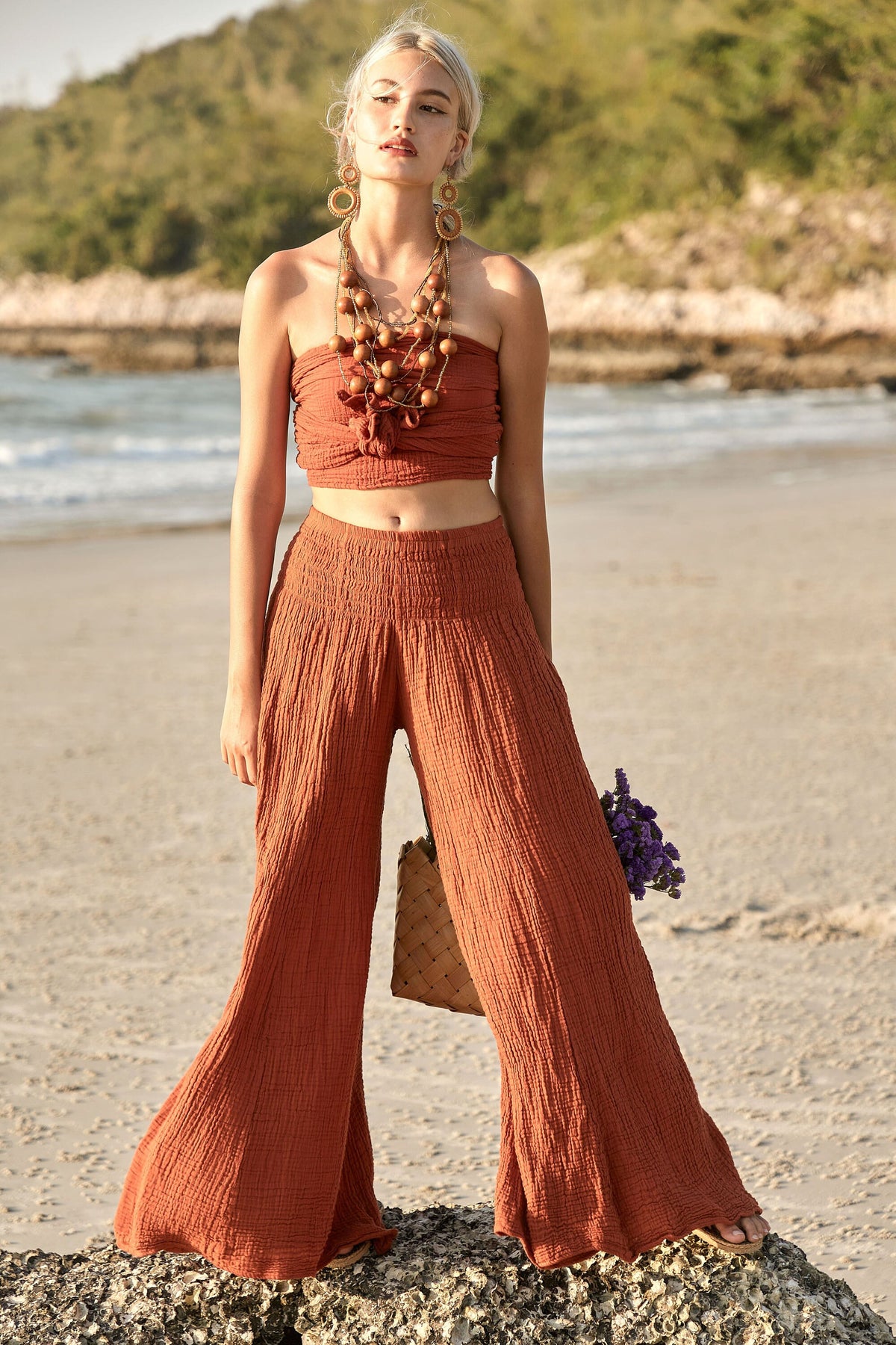 June Rust Cotton Smocked Pants — view 3