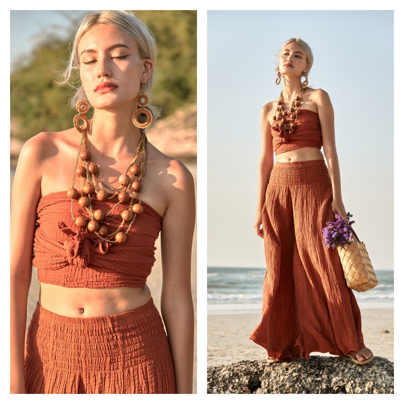 June Rust Cotton Smocked Pants — view 4