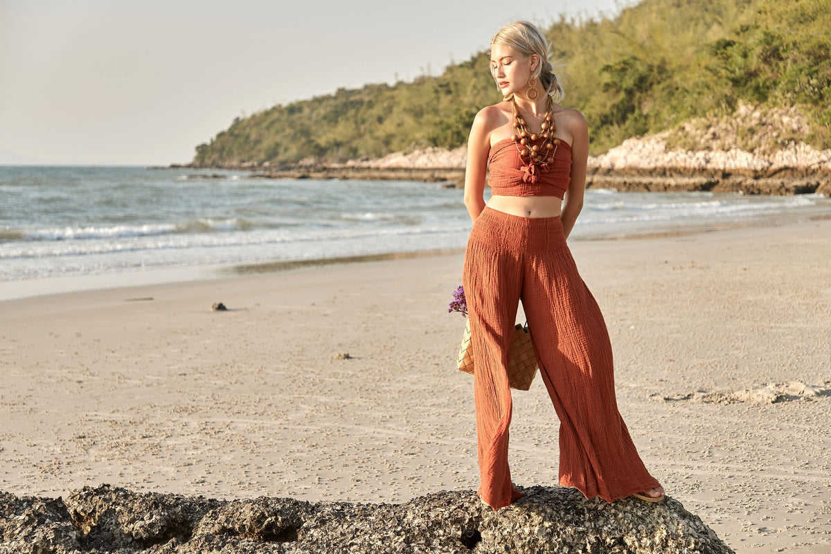 June Rust Cotton Smocked Pants — view 6