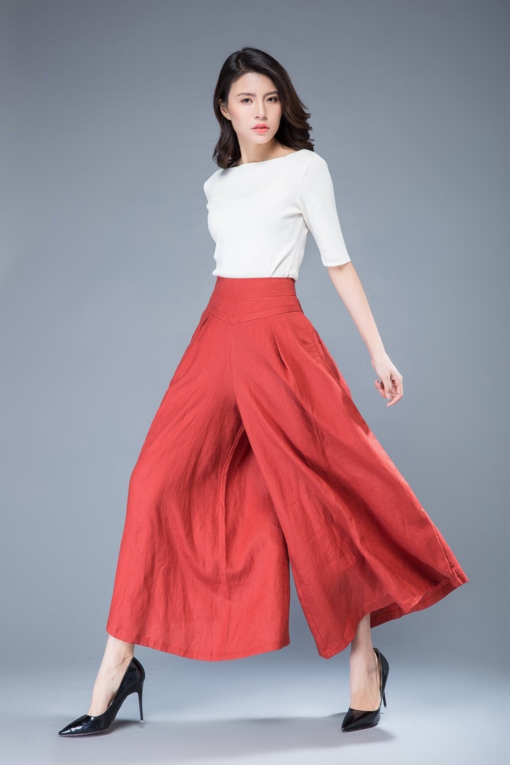 Zoe Red Linen Wide-Leg Pants — Arthur's Sportswear