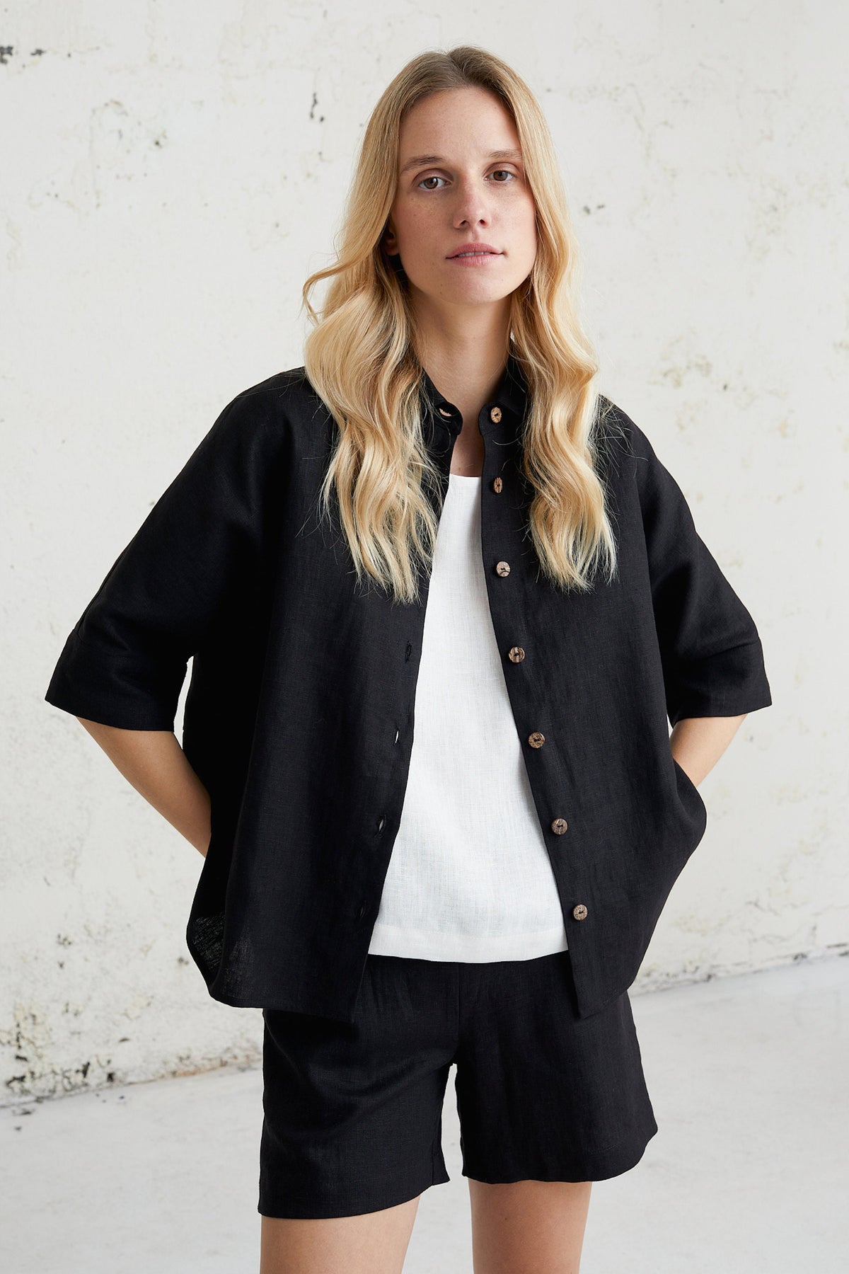 Ines Black Linen Button-Down Shirt — view 3