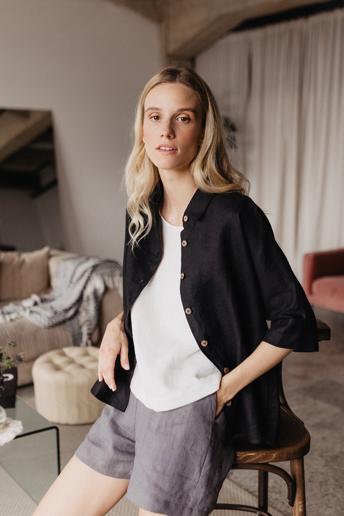 Ines Black Linen Button-Down Shirt — view 5