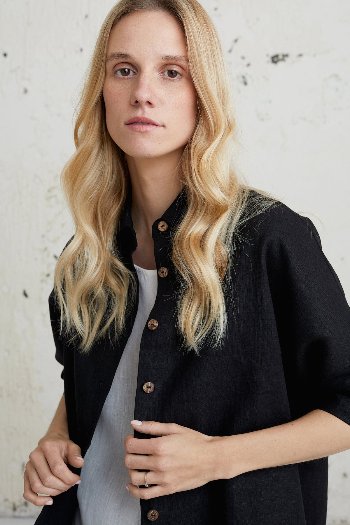 Ines Black Linen Button-Down Shirt — view 2