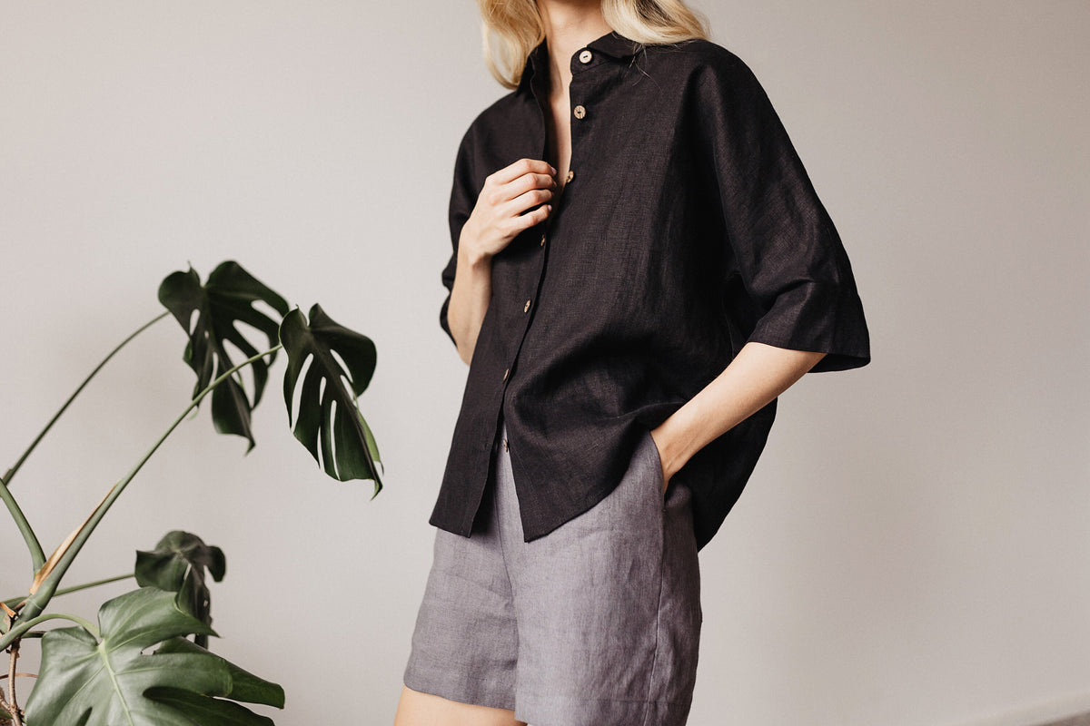 Ines Black Linen Button-Down Shirt — Arthur's Sportswear