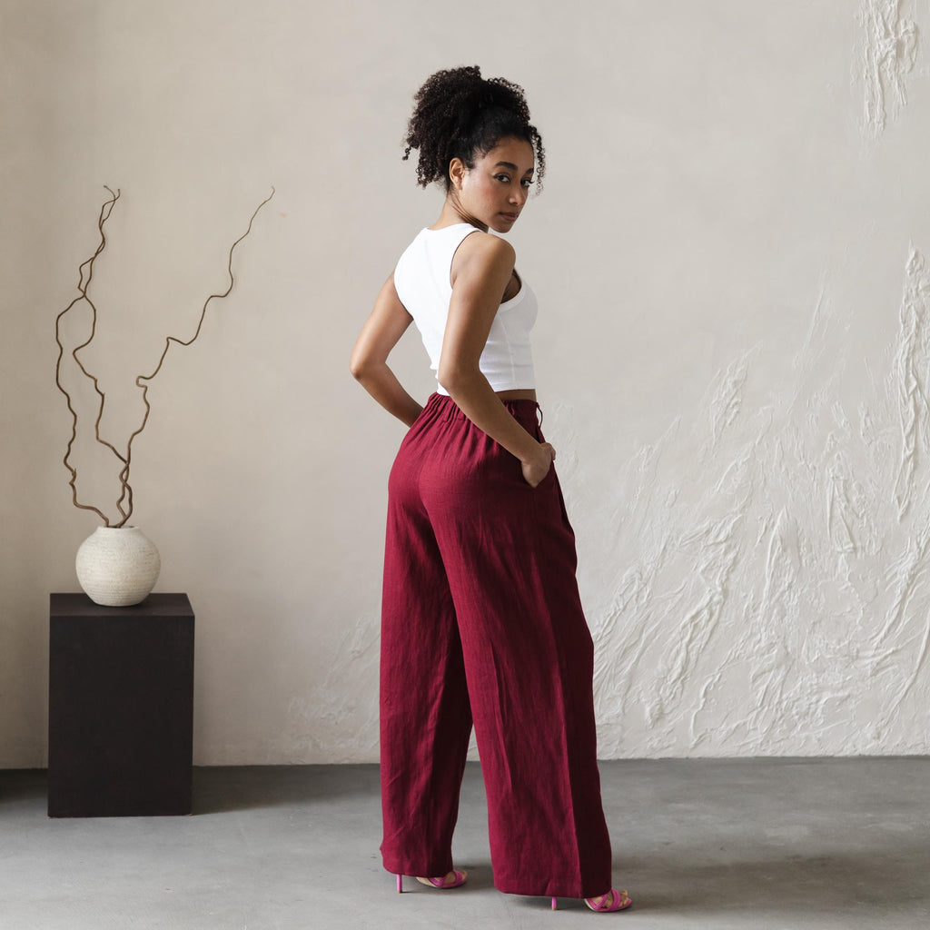 Pia Burgundy Linen Wide-Leg Pants — view 2