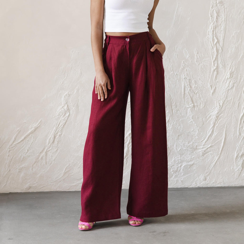 Pia Burgundy Linen Wide-Leg Pants — Arthur's Sportswear