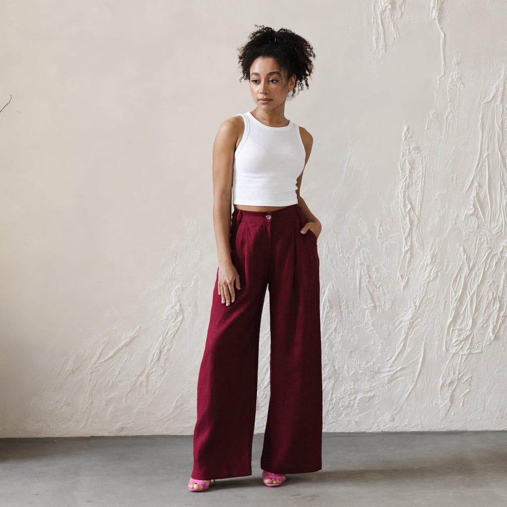 Pia Burgundy Linen Wide-Leg Pants — view 4