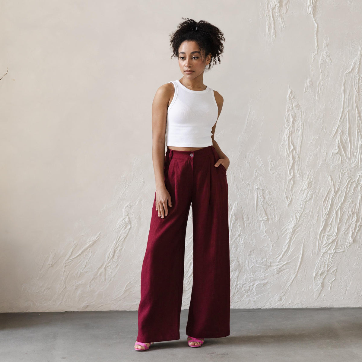 Pia Burgundy Linen Wide-Leg Pants — view 4