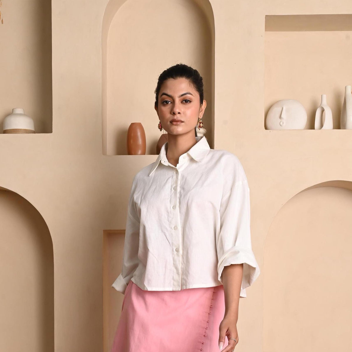 Delia Ivory Linen Button-Down Top — view 3