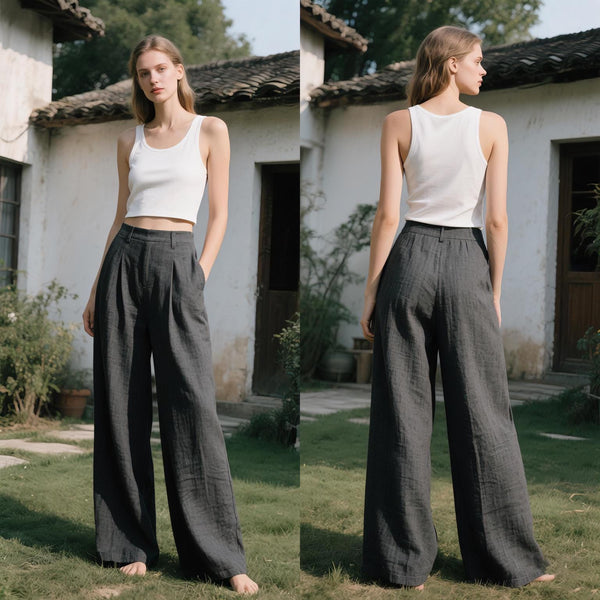 Olive Black Linen Wide-Leg Pants