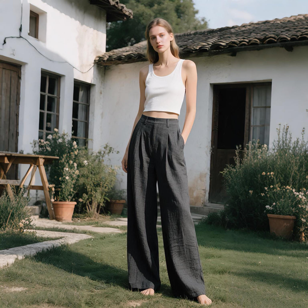 Olive Black Linen Wide-Leg Pants — view 2