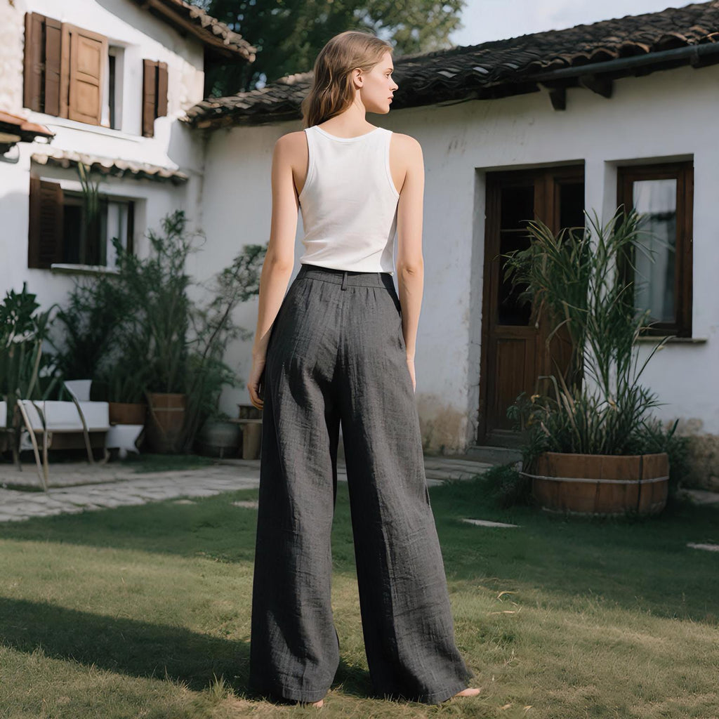Olive Black Linen Wide-Leg Pants — view 3